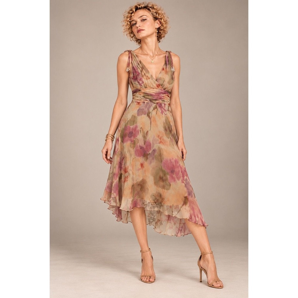 Petra 100% Silk Crinkle Floral Dress Beaded Shoulder Size 6 Romantic - Picture 4 of 10